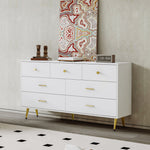 Sideboard, 7-Drawer, Gold Handles & Legs, 140x35x76cm, White