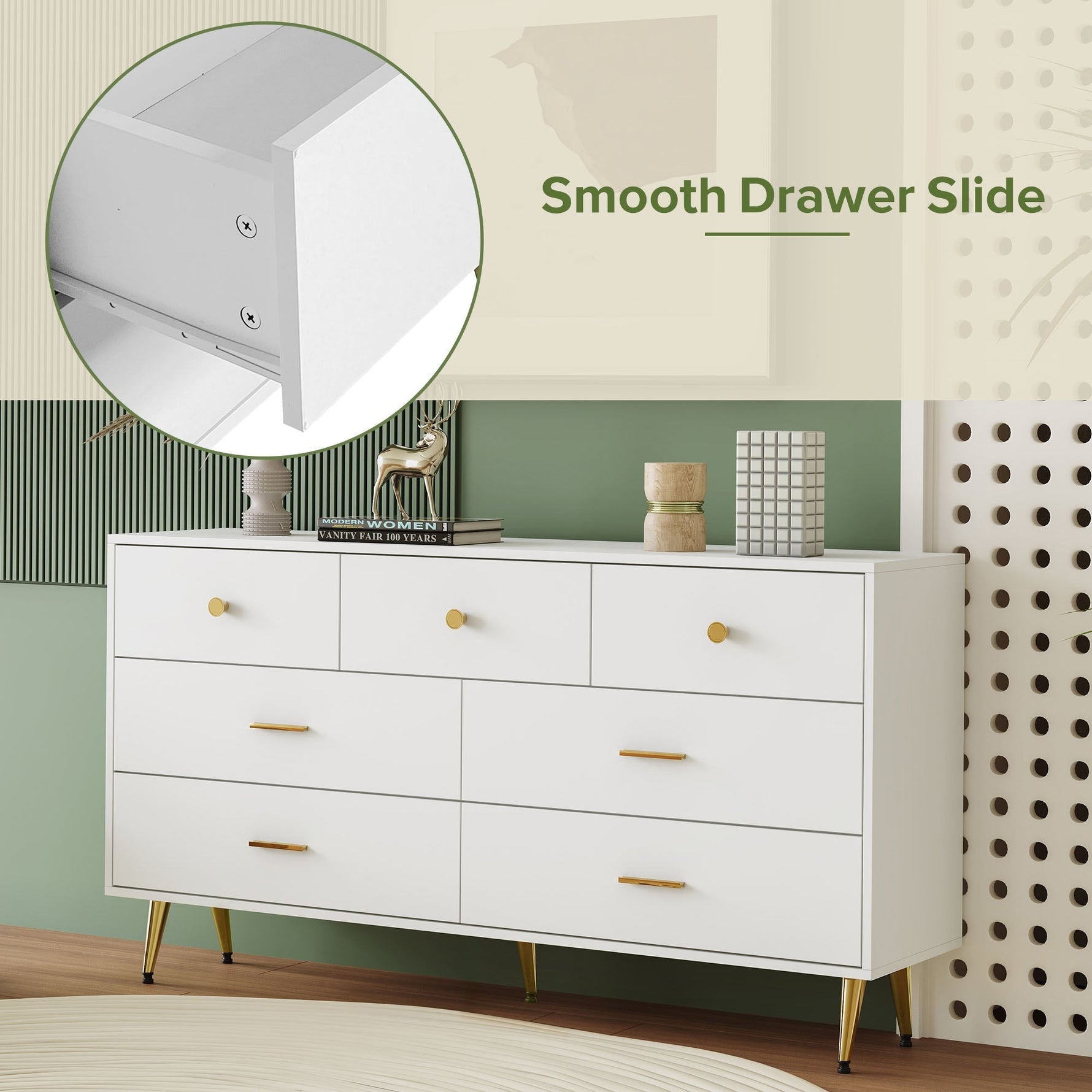 Sideboard, 7-Drawer, Gold Handles & Legs, 140x35x76cm, White