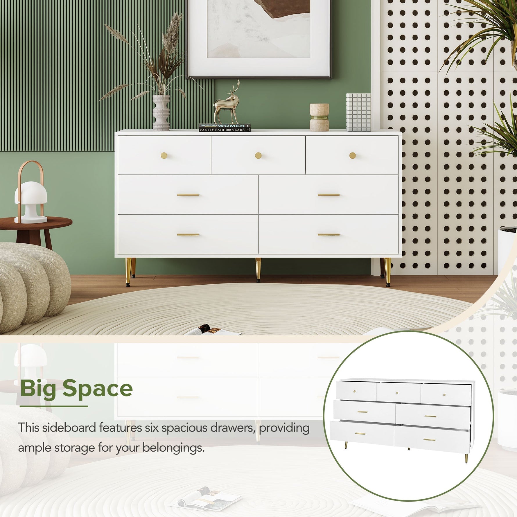 Sideboard, 7-Drawer, Gold Handles & Legs, 140x35x76cm, White