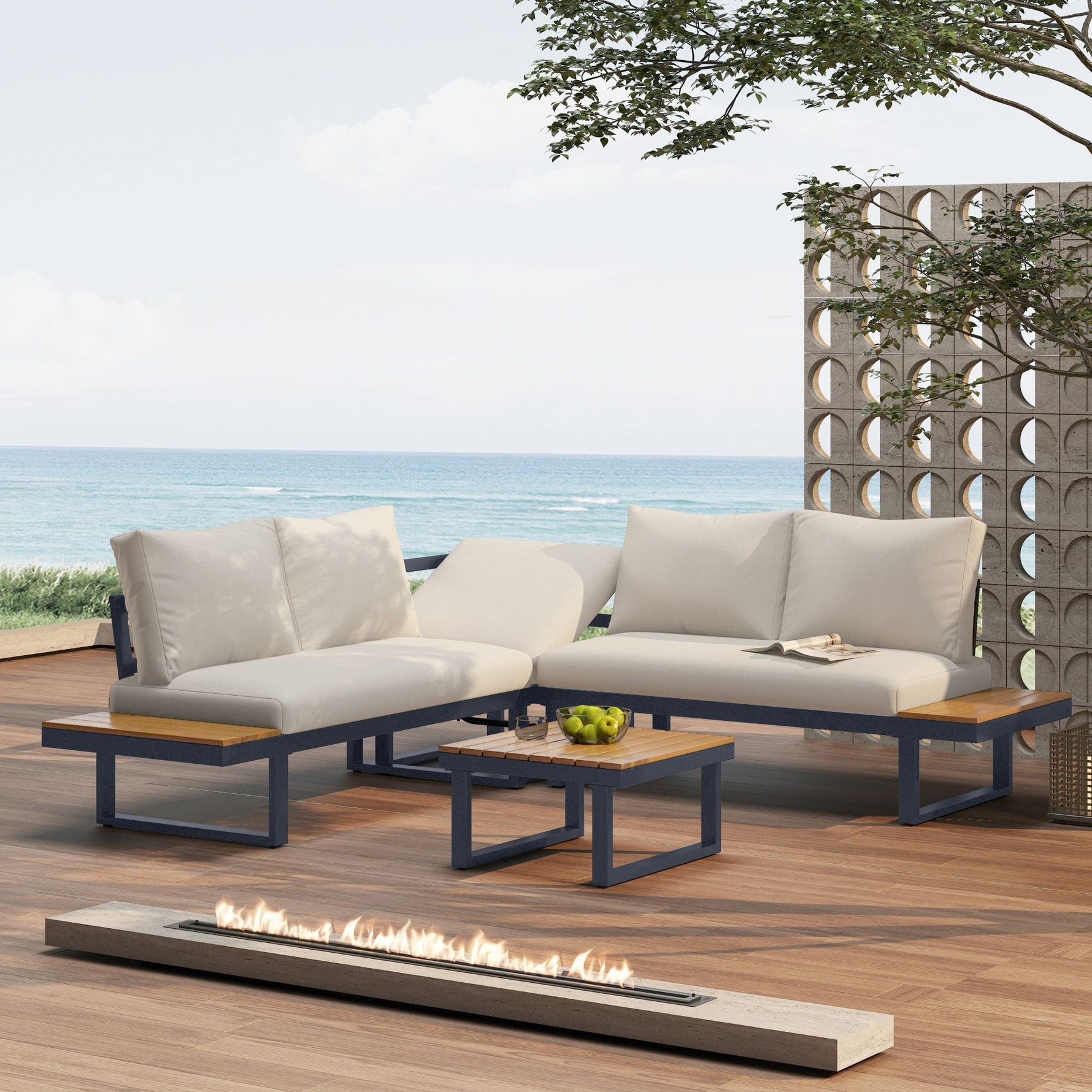 Garden Leisure Set Corner Adjustable Reclining with Coffee Table - Beige/Grey