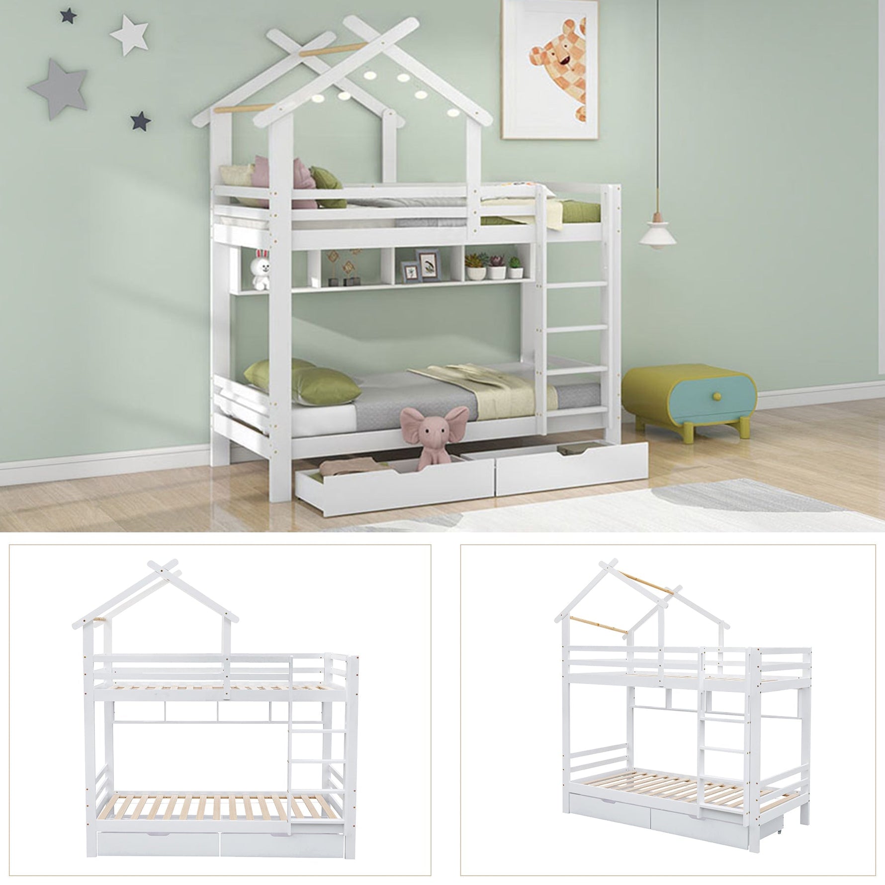 Bunk Bed with Drawers, Shelves & Ladder, Pinewood Frame, White