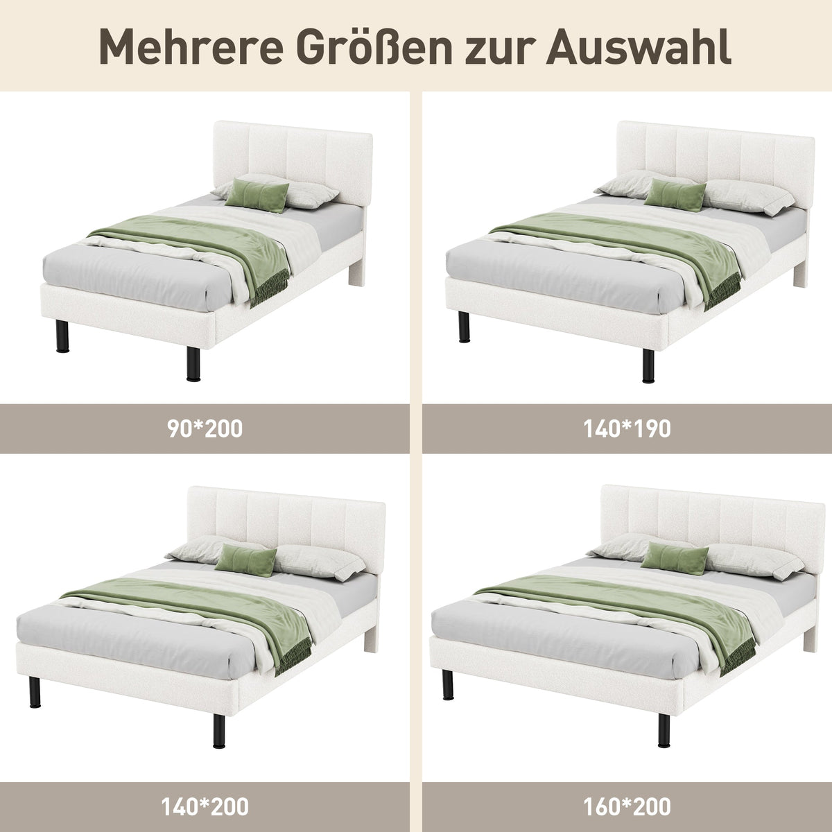 Upholstered Bed 140x190 Slatted Base Iron Legs Sherpa Fabric Beige
