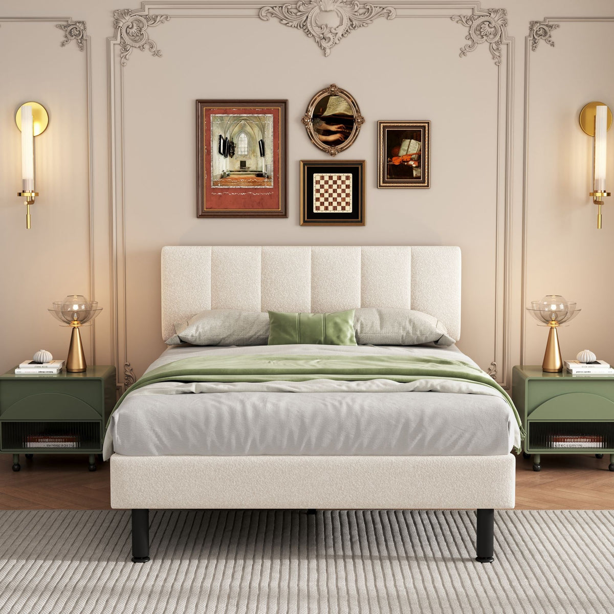 Upholstered Bed 140x190 Slatted Base Iron Legs Sherpa Fabric Beige