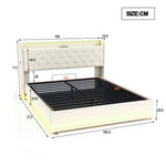 LED Upholstered Bed 160*200 cm, USB Charging Port, Hydraulic Storage, Skin-Friendly Linen Fabric Beige