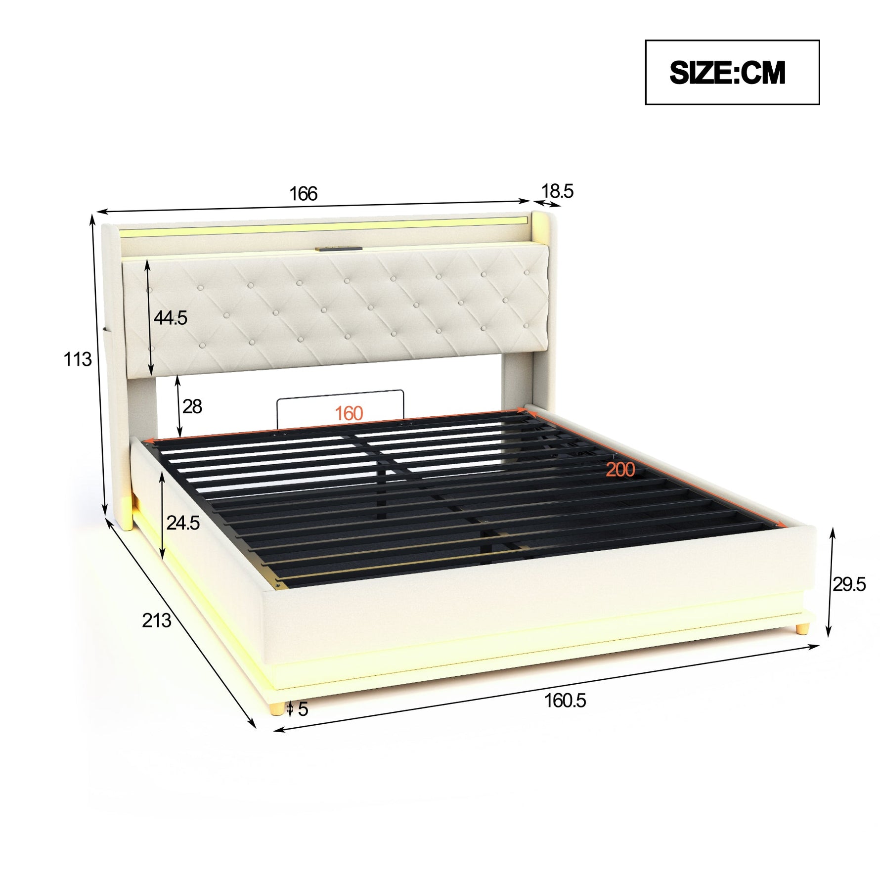 LED Upholstered Bed 160*200 cm, USB Charging Port, Hydraulic Storage, Skin-Friendly Linen Fabric Beige
