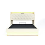 LED Upholstered Bed 140x200 cm, USB Charging & Hydraulic Storage, Linen Fabric Beige