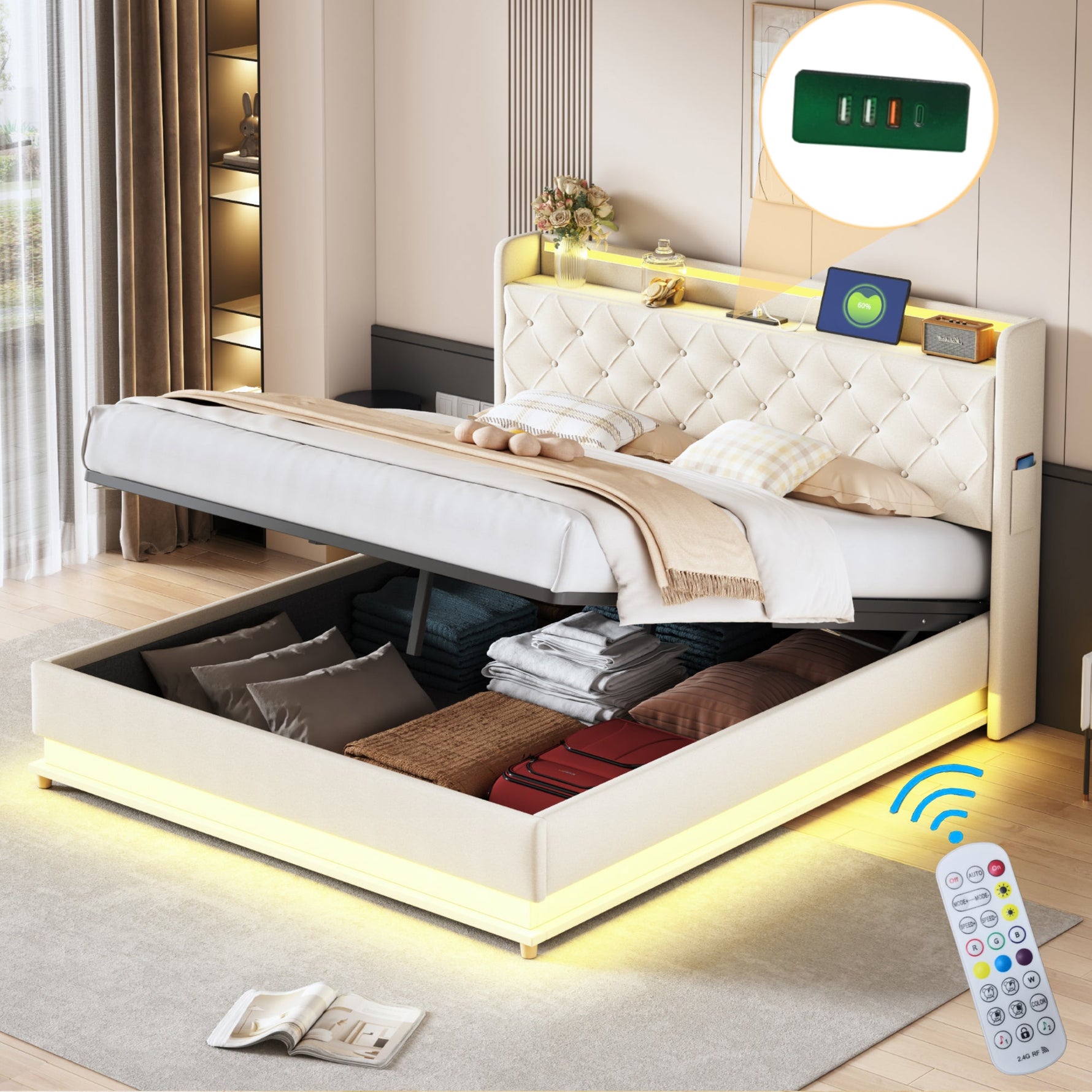 LED Upholstered Bed 160*200 cm, USB Charging Port, Hydraulic Storage, Skin-Friendly Linen Fabric Beige