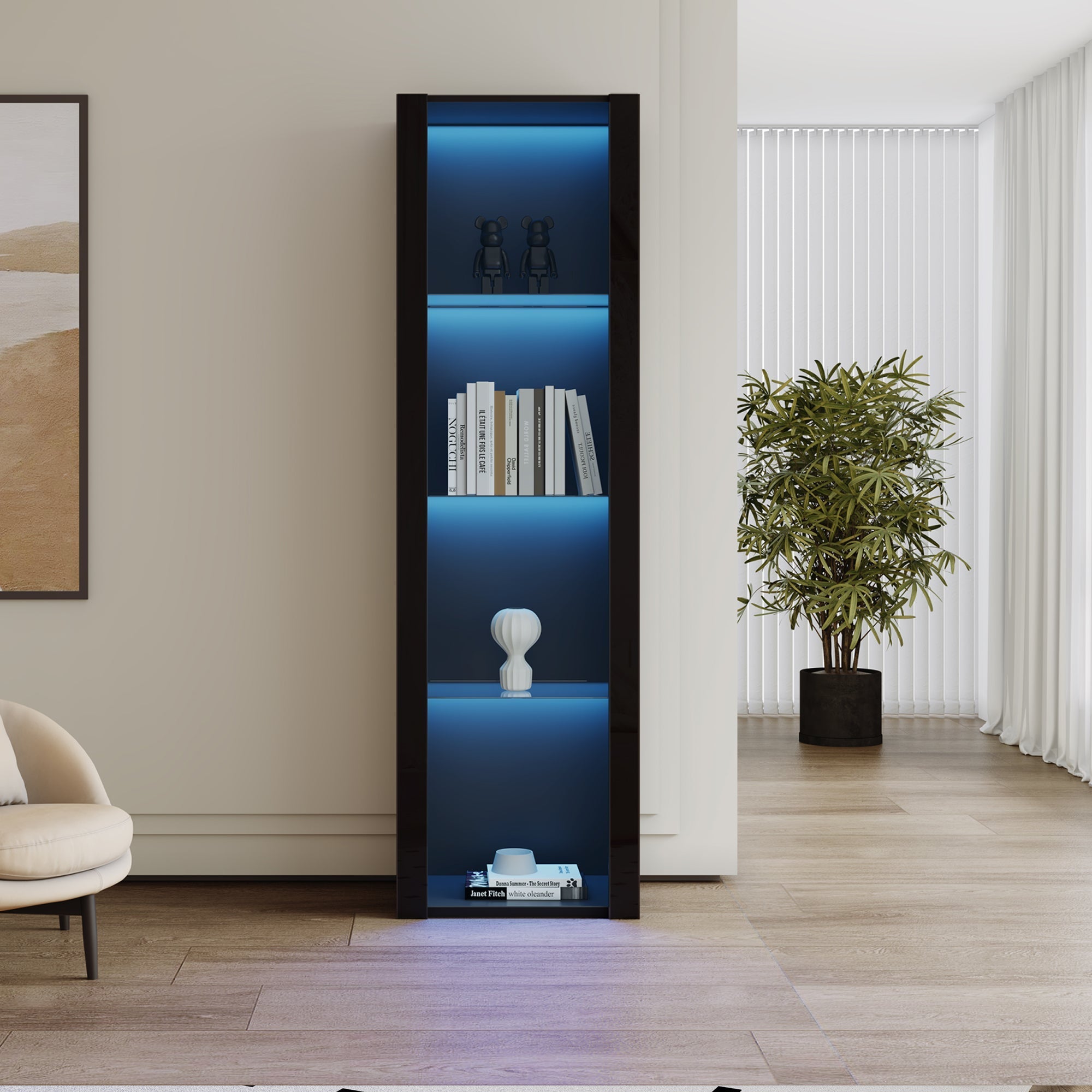 High-Gloss Display Cabinet with LED Lighting, 3 Glass Compartments, Black