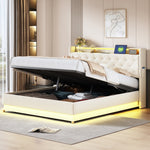 LED Upholstered Bed 160*200 cm, USB Charging Port, Hydraulic Storage, Skin-Friendly Linen Fabric Beige