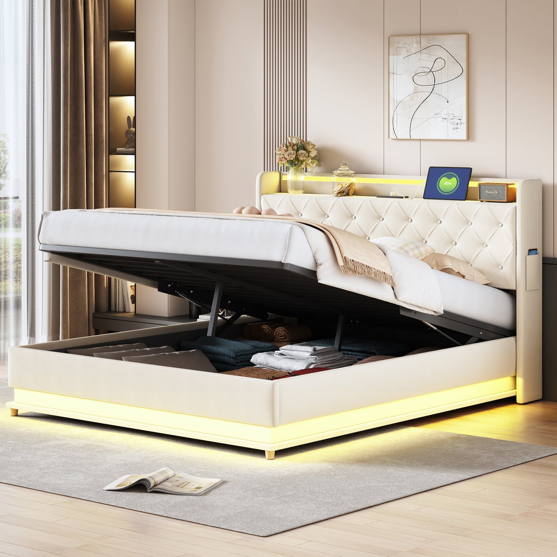 LED Upholstered Bed 160*200 cm, USB Charging Port, Hydraulic Storage, Skin-Friendly Linen Fabric Beige