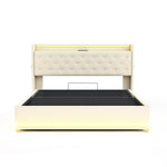 LED Upholstered Bed 160*200 cm, USB Charging Port, Hydraulic Storage, Skin-Friendly Linen Fabric Beige
