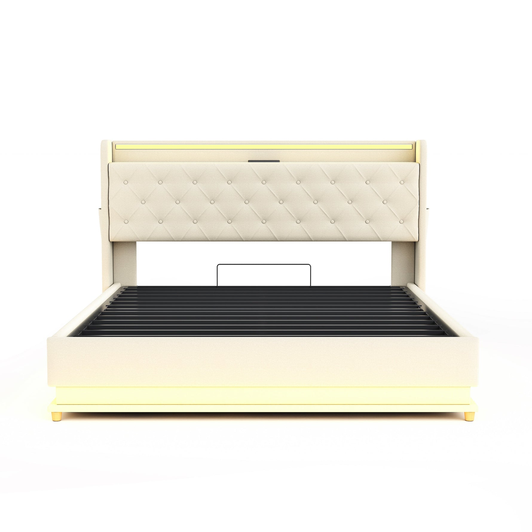 LED Upholstered Bed 160*200 cm, USB Charging Port, Hydraulic Storage, Skin-Friendly Linen Fabric Beige