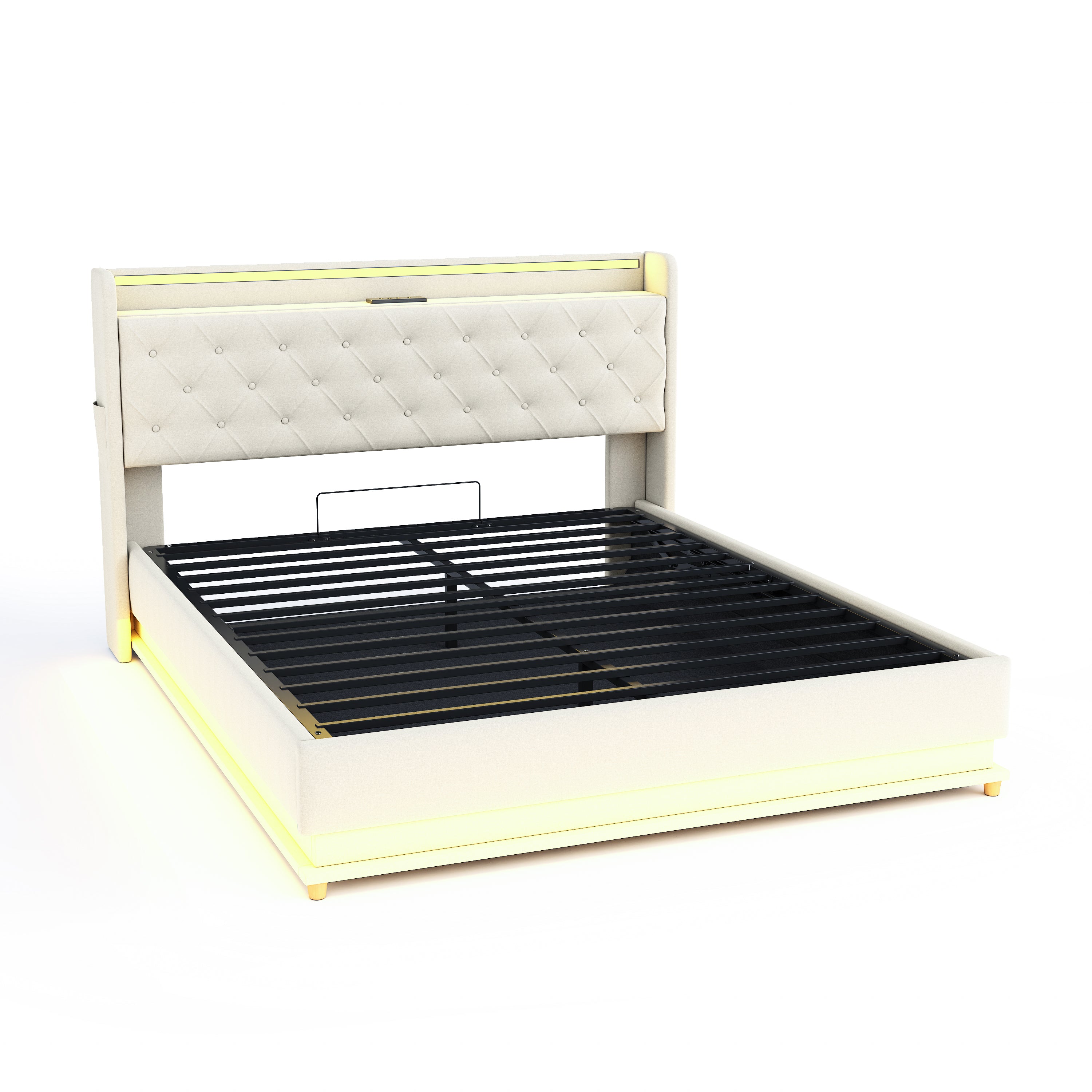 LED Upholstered Bed 160*200 cm, USB Charging Port, Hydraulic Storage, Skin-Friendly Linen Fabric Beige