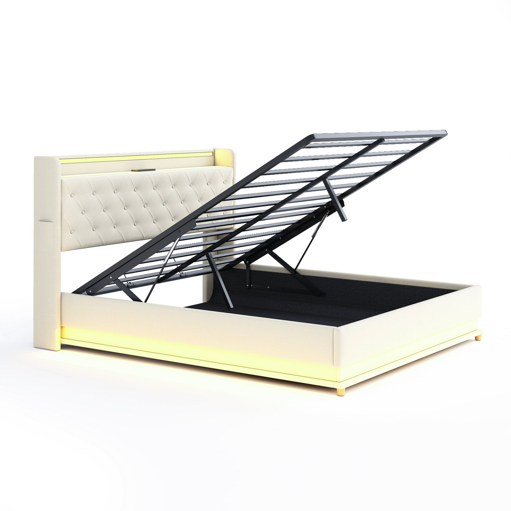 LED Upholstered Bed 160*200 cm, USB Charging Port, Hydraulic Storage, Skin-Friendly Linen Fabric Beige