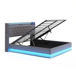 LED Upholstered Bed, 160x200 cm with USB Charging & Hydraulic Storage, Linen Fabric Gray