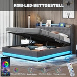 LED Upholstered Bed, 160x200 cm with USB Charging & Hydraulic Storage, Linen Fabric Gray