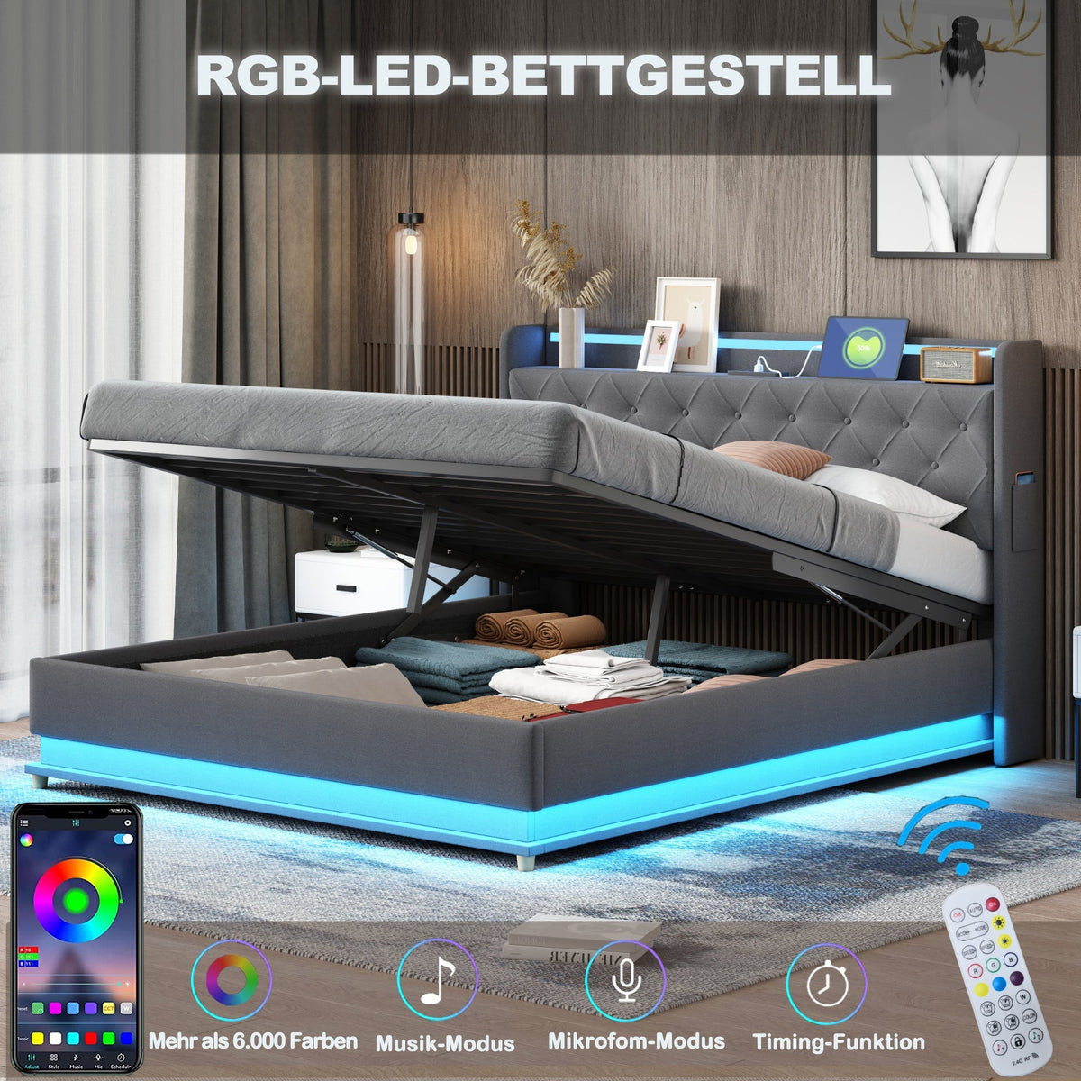 LED Upholstered Bed, 160x200 cm with USB Charging & Hydraulic Storage, Linen Fabric Gray