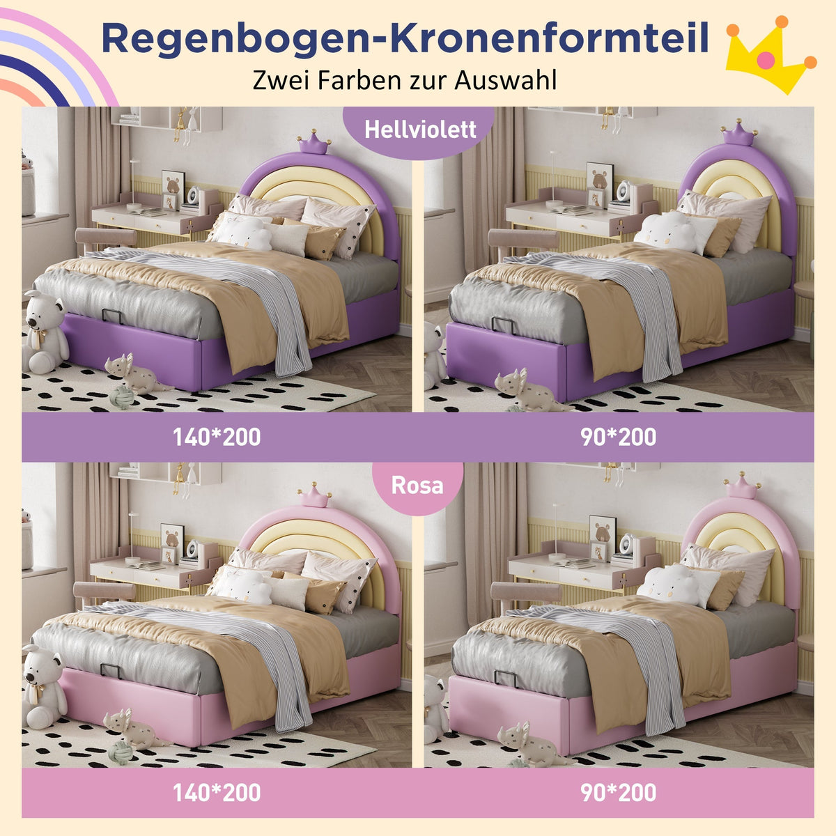 Upholstered Bed 90x200cm Hydraulic Adjustable Headboard - PU Pink
