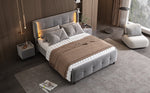 Upholstered Bed, Double with 16-Color LED, Adjustable Headboard, Velvet Gray