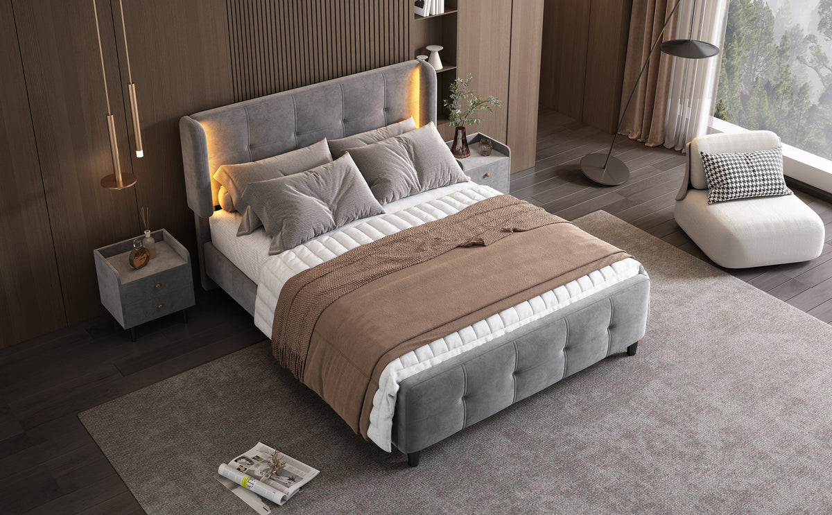 Upholstered Bed, Double with 16-Color LED, Adjustable Headboard, Velvet Gray