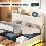 LED Upholstered Bed 140x200 cm, USB Charging & Hydraulic Storage, Linen Fabric Beige