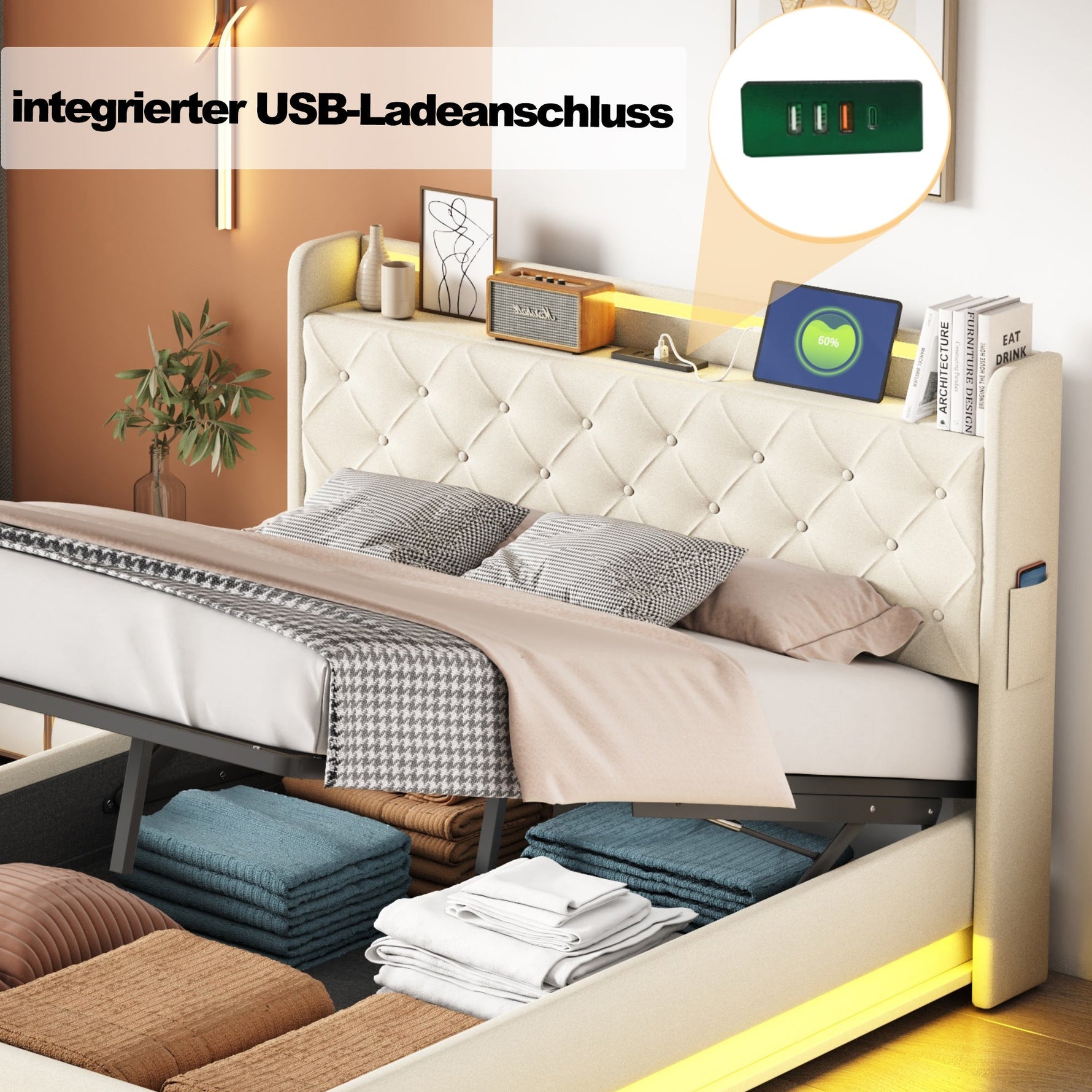 LED Upholstered Bed 140x200 cm, USB Charging & Hydraulic Storage, Linen Fabric Beige