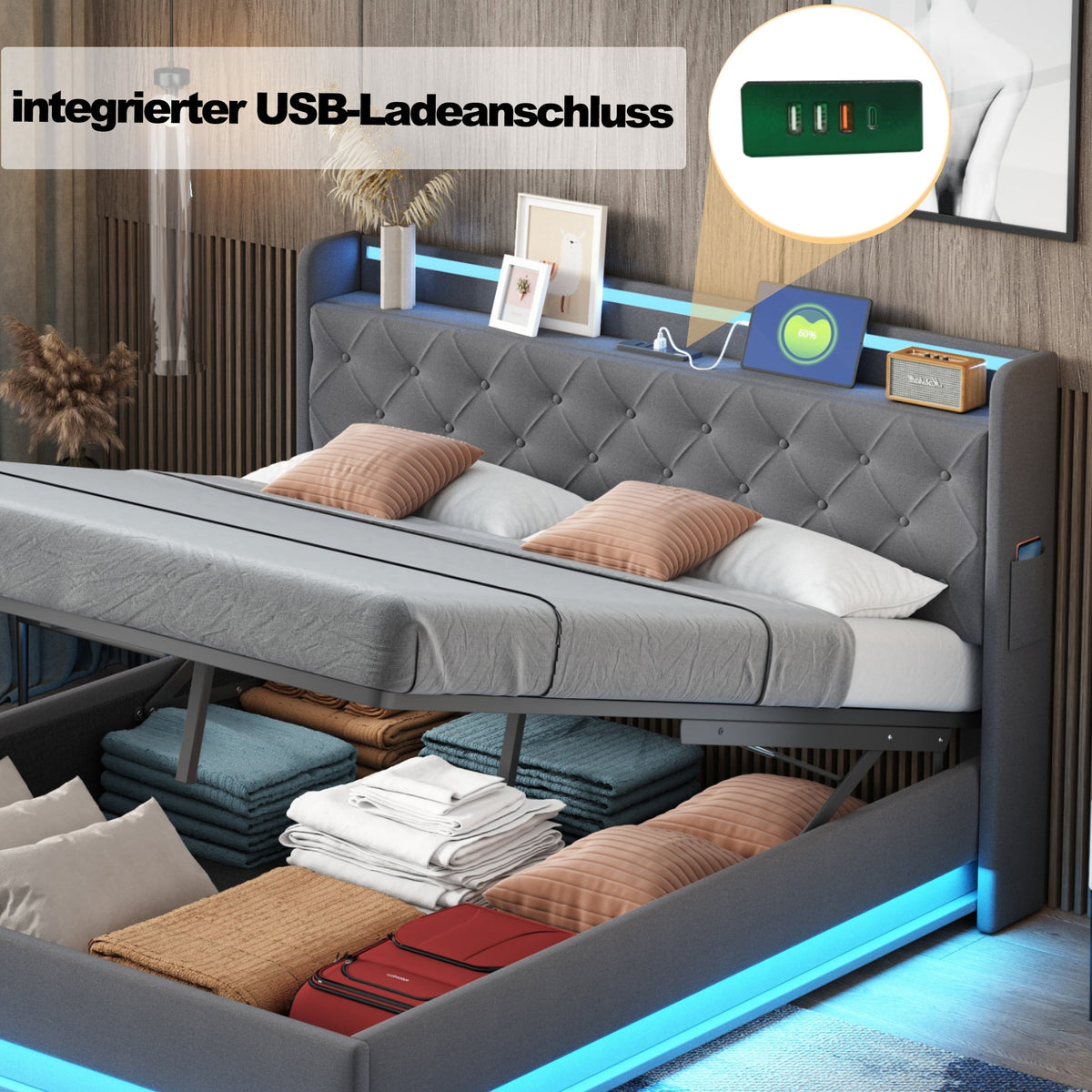 LED Upholstered Bed, 160x200 cm with USB Charging & Hydraulic Storage, Linen Fabric Gray