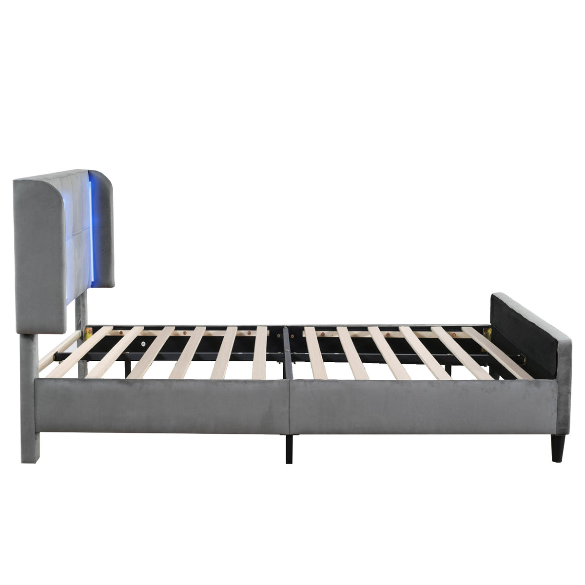 Upholstered Bed, Double with 16-Color LED, Adjustable Headboard, Velvet Gray