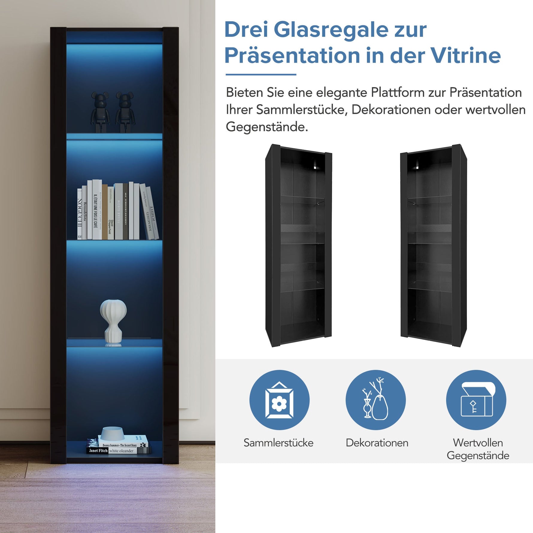 High-Gloss Display Cabinet with LED Lighting, 3 Glass Compartments, Black