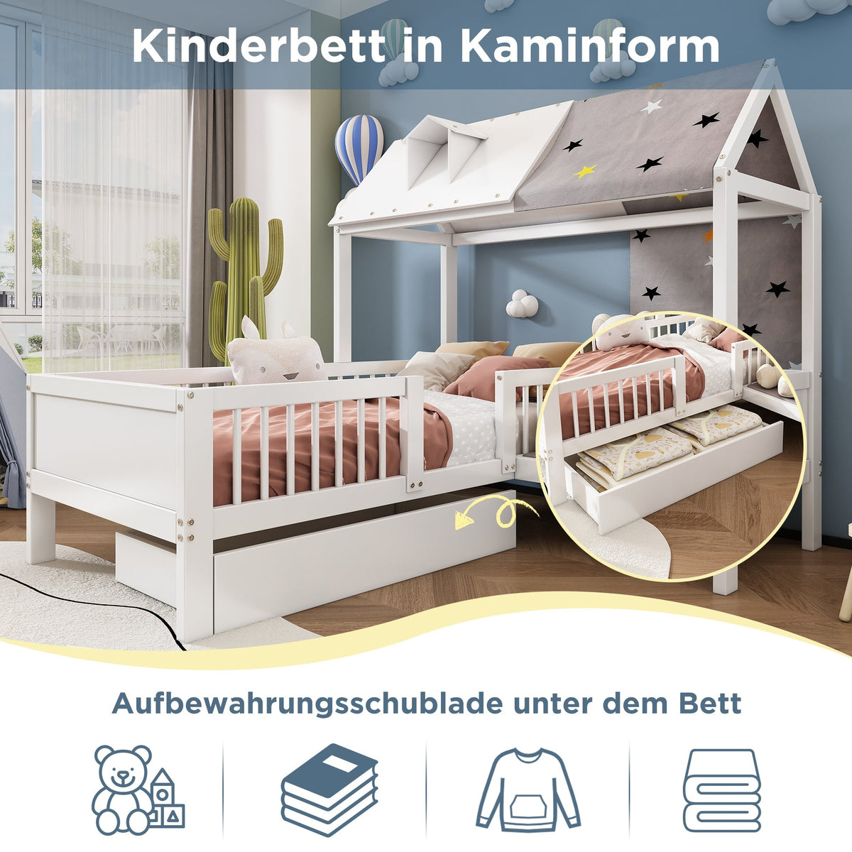 House Bed Single Multifunctional Tent Drawers 90x200cm - White Wood