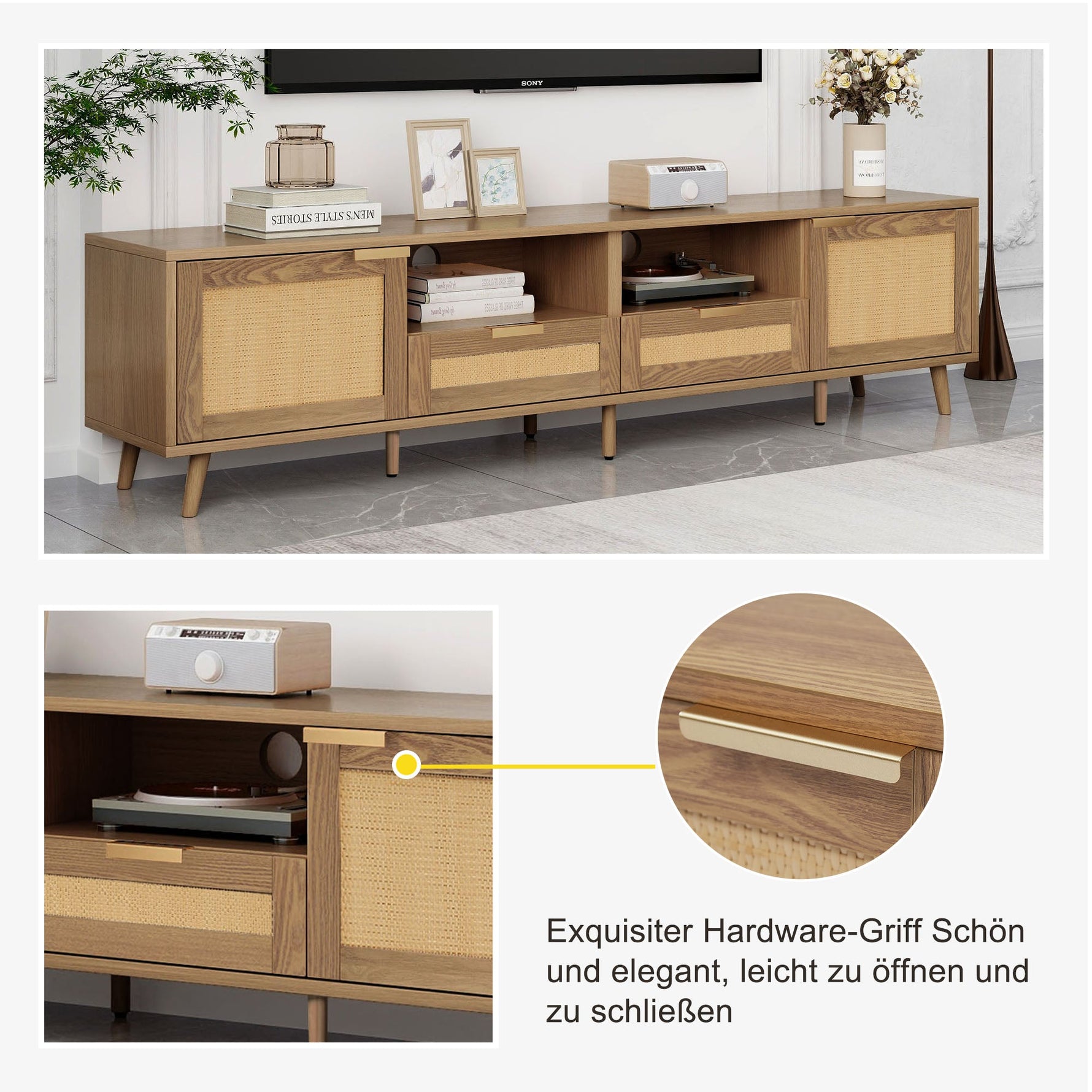 TV Stand, 200x37x49 cm, Rattan Design Plastic & Solid Wood