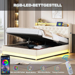 LED Upholstered Bed 160*200 cm, USB Charging Port, Hydraulic Storage, Skin-Friendly Linen Fabric Beige