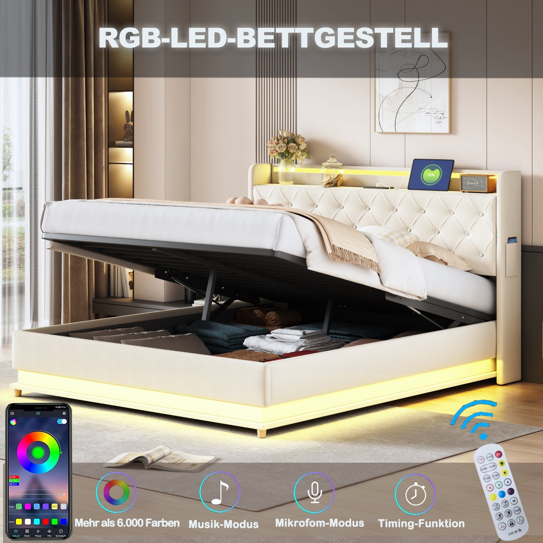 LED Upholstered Bed 160*200 cm, USB Charging Port, Hydraulic Storage, Skin-Friendly Linen Fabric Beige