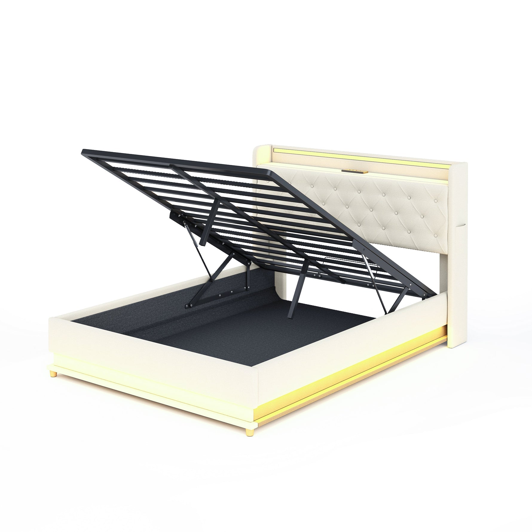 LED Upholstered Bed 140x200 cm, USB Charging & Hydraulic Storage, Linen Fabric Beige