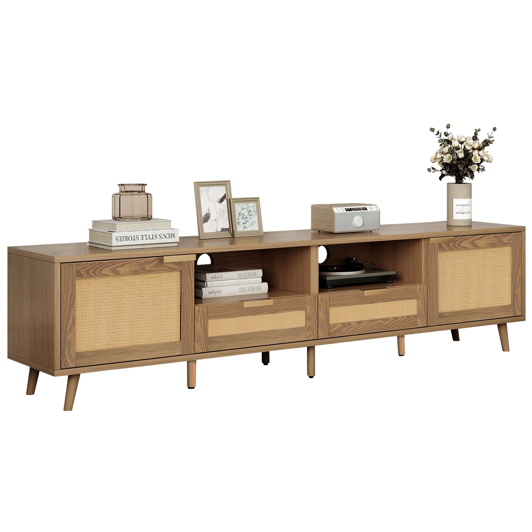 TV Stand, 200x37x49 cm, Rattan Design Plastic & Solid Wood