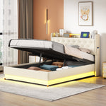 LED Upholstered Bed 140x200 cm, USB Charging & Hydraulic Storage, Linen Fabric Beige