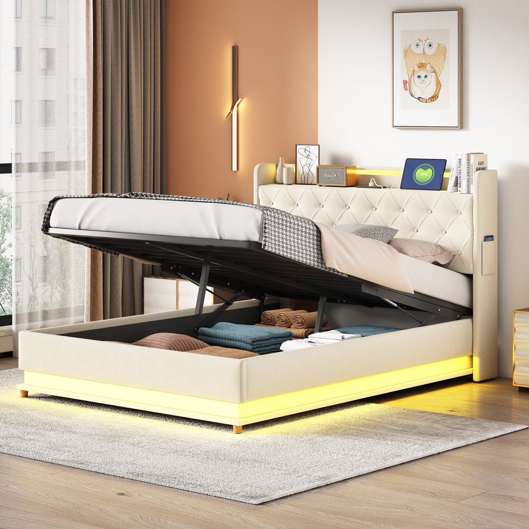 LED Upholstered Bed 140x200 cm, USB Charging & Hydraulic Storage, Linen Fabric Beige