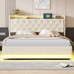 LED Upholstered Bed 160*200 cm, USB Charging Port, Hydraulic Storage, Skin-Friendly Linen Fabric Beige