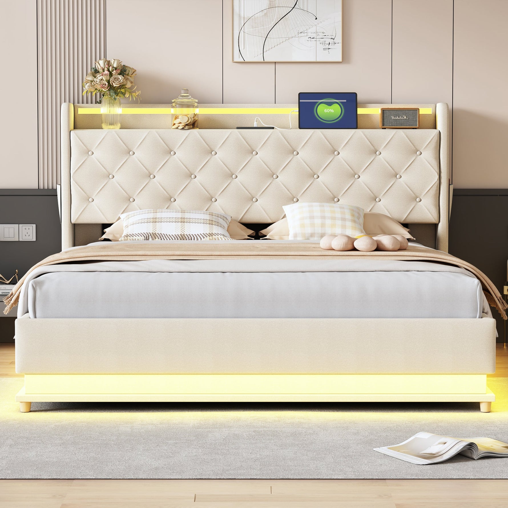 LED Upholstered Bed 160*200 cm, USB Charging Port, Hydraulic Storage, Skin-Friendly Linen Fabric Beige