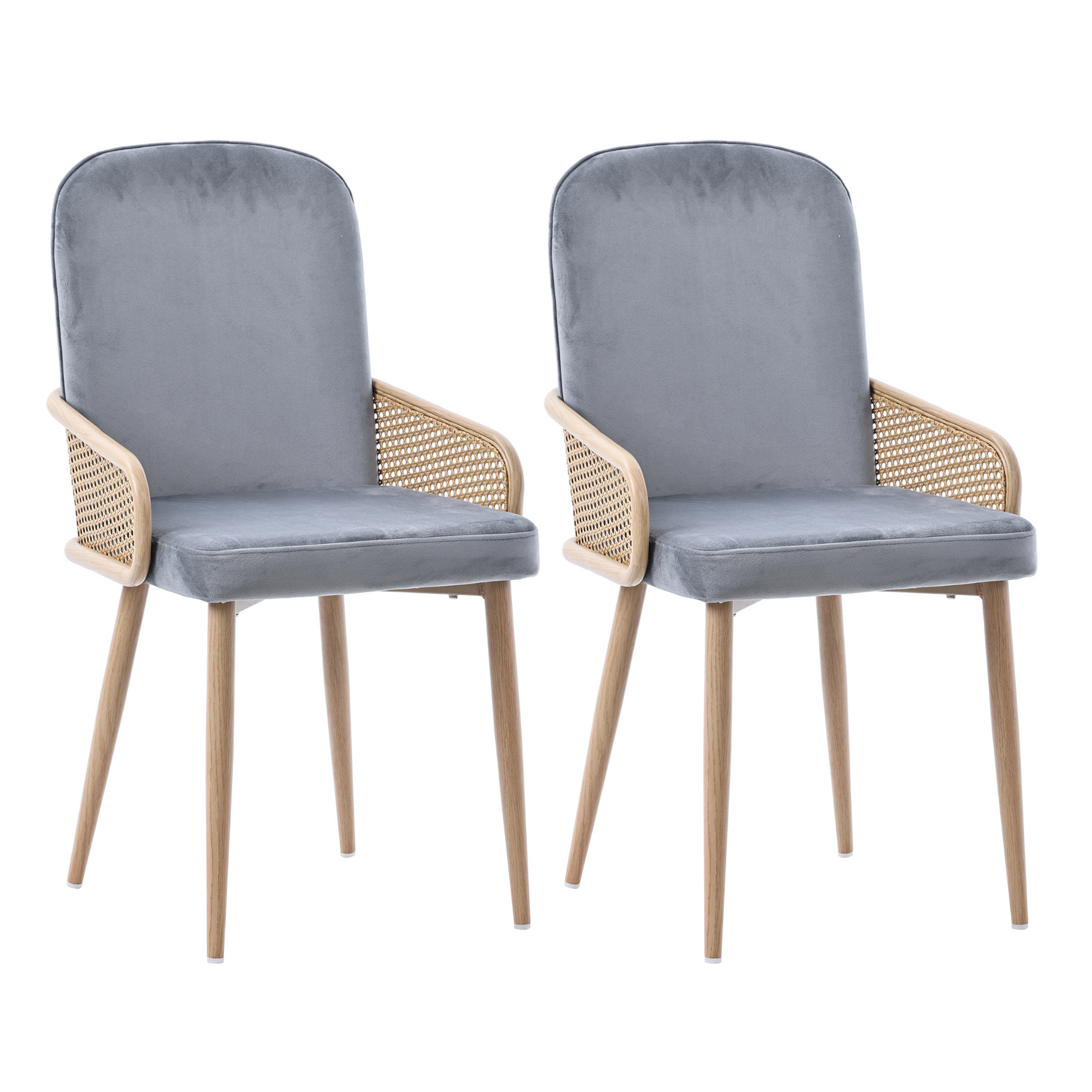 Velvet Dining Chair Set of 2 Rattan Design Metal Legs Grey