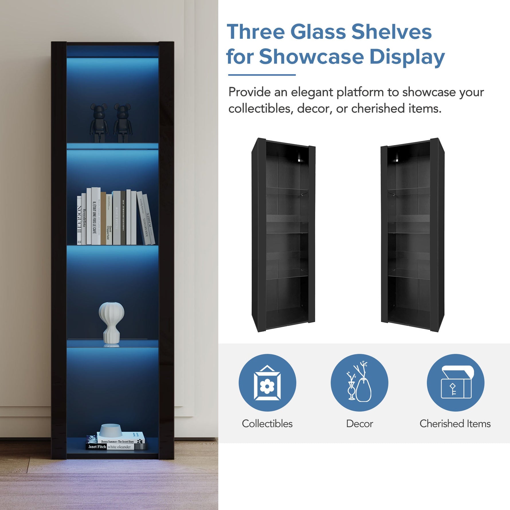 High-Gloss Display Cabinet with LED Lighting, 3 Glass Compartments, Black