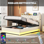 LED Upholstered Bed 140x200 cm, USB Charging & Hydraulic Storage, Linen Fabric Beige