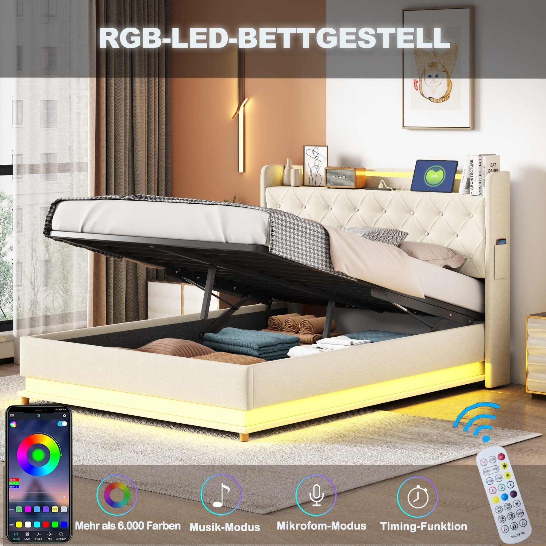 LED Upholstered Bed 140x200 cm, USB Charging & Hydraulic Storage, Linen Fabric Beige