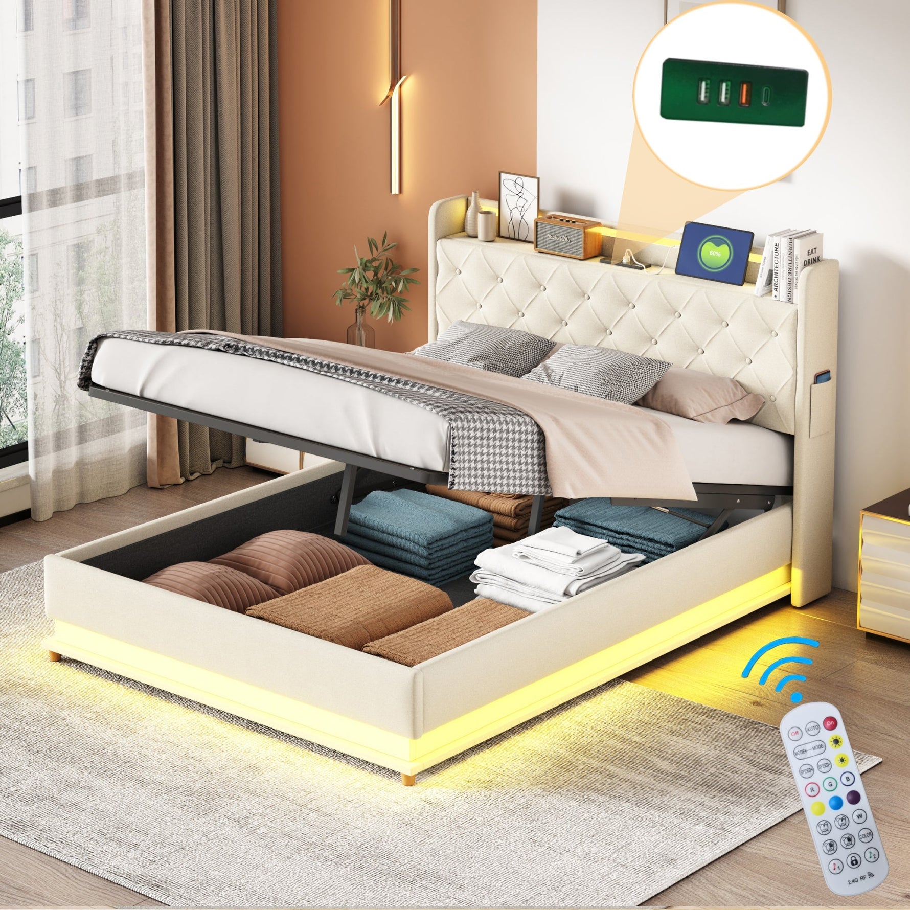 LED Upholstered Bed 140x200 cm, USB Charging & Hydraulic Storage, Linen Fabric Beige