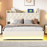 LED Upholstered Bed 140x200 cm, USB Charging & Hydraulic Storage, Linen Fabric Beige