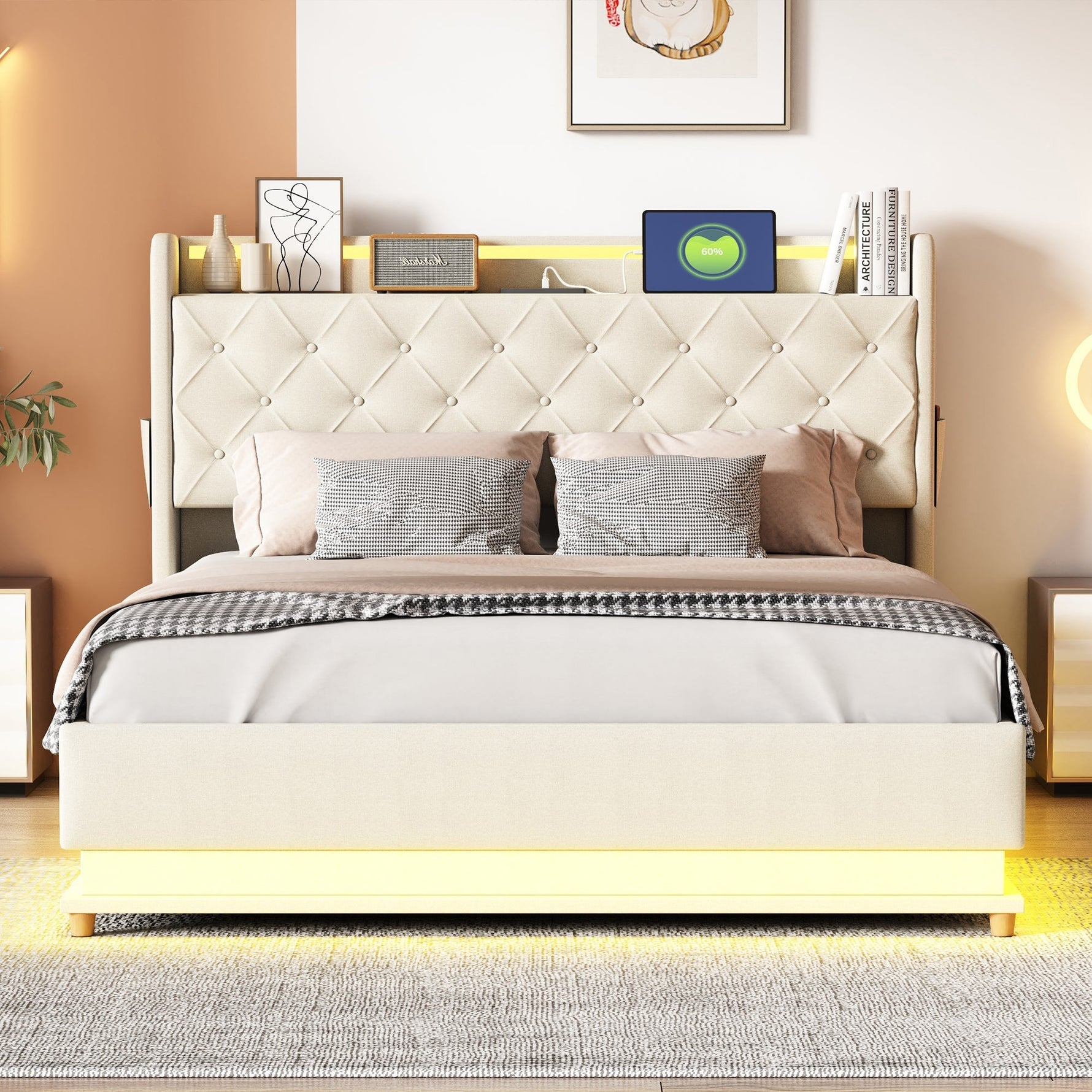 LED Upholstered Bed 140x200 cm, USB Charging & Hydraulic Storage, Linen Fabric Beige