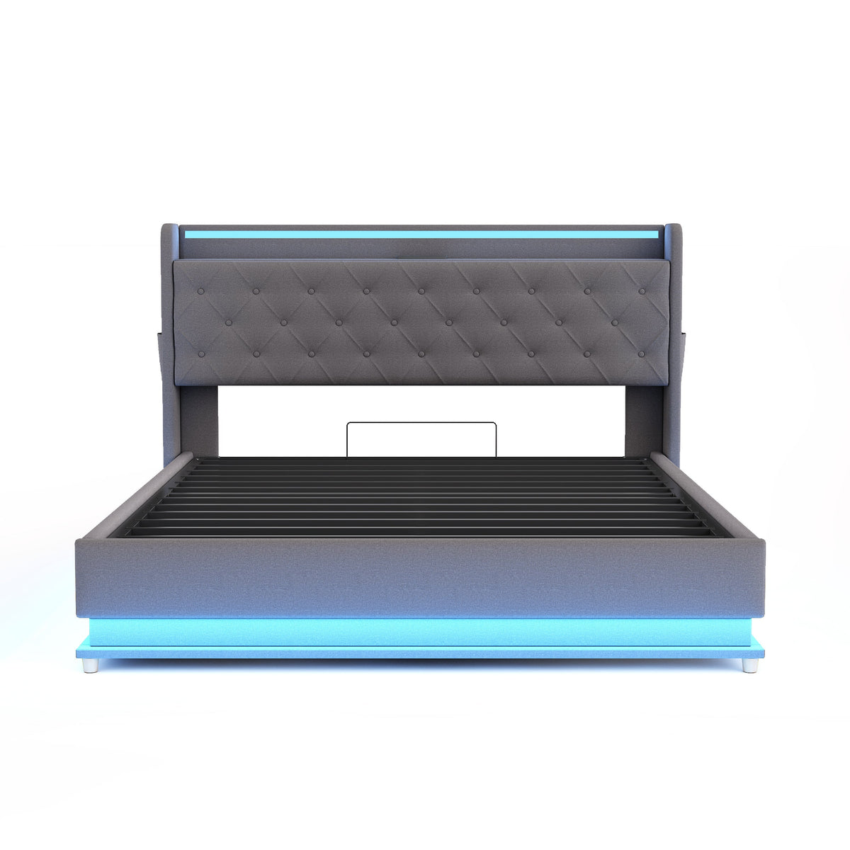 LED Upholstered Bed, 160x200 cm with USB Charging & Hydraulic Storage, Linen Fabric Gray