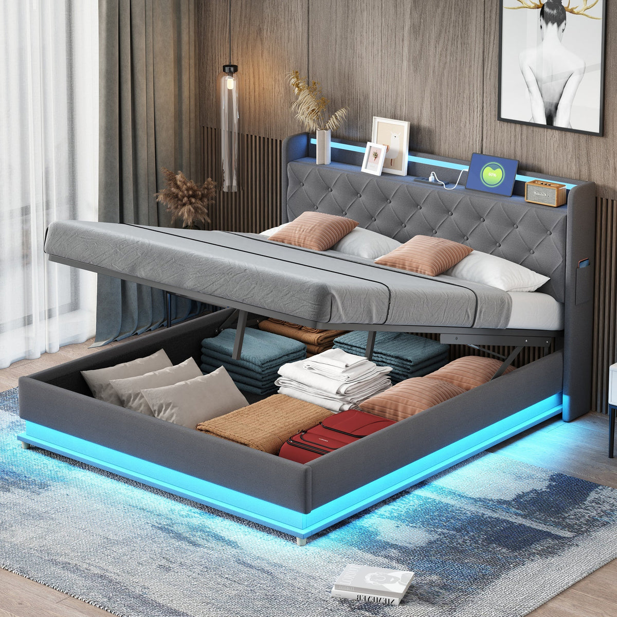 LED Upholstered Bed, 160x200 cm with USB Charging & Hydraulic Storage, Linen Fabric Gray