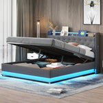 LED Upholstered Bed, 160x200 cm with USB Charging & Hydraulic Storage, Linen Fabric Gray
