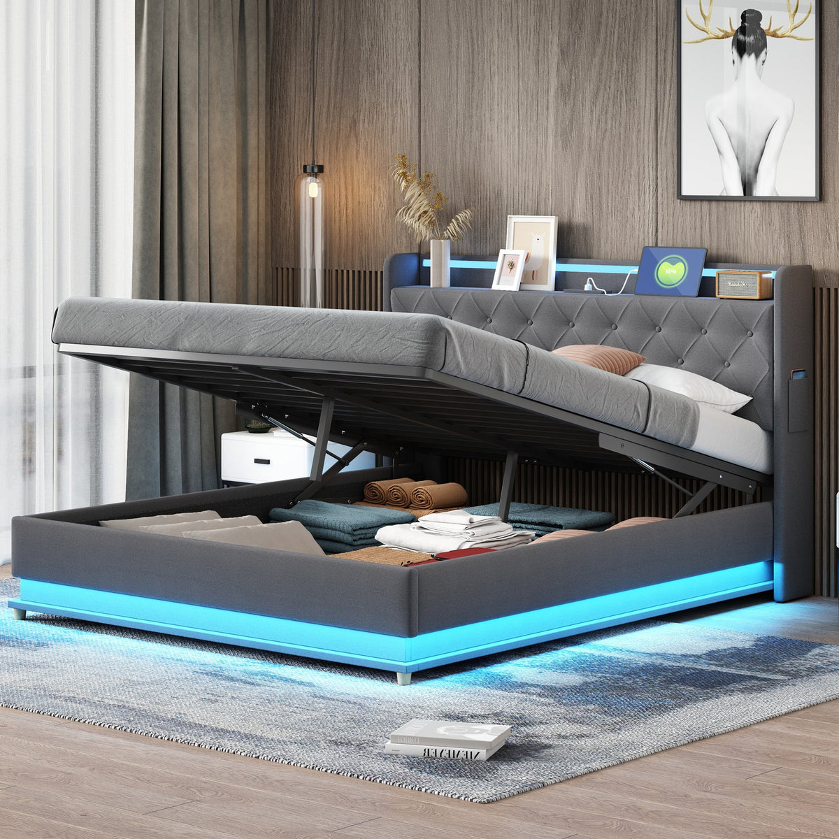 LED Upholstered Bed, 160x200 cm with USB Charging & Hydraulic Storage, Linen Fabric Gray